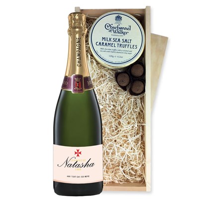Personalised Champagne - Rose Label And Milk Sea Salt Charbonnel Chocolates Box